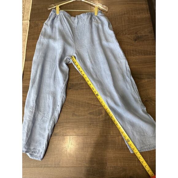 FLAX 100% Linen Lagenlook Wide Leg Elastic Pull On Waist Pants Size Large Blue - Picture 4 of 5